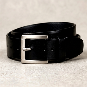 Cinturón de Cuero Genuino Negro Sólido con Hebilla Rectangular Plateada Formal para Hombre Duradero - Product Image 1