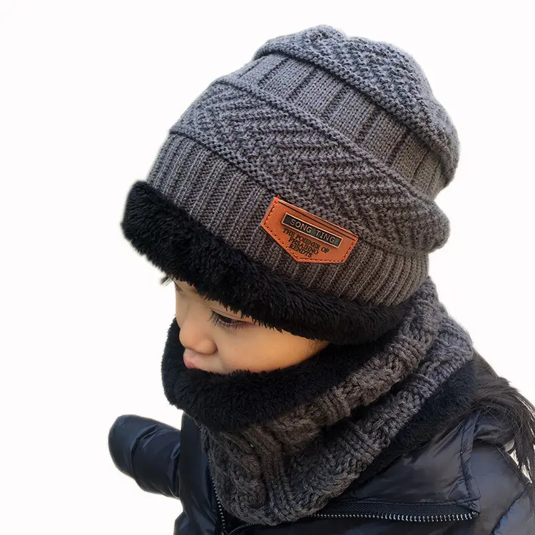 Wholesale Children Knitted Hat Winter Warm Baby Kids Cap Circle Scarf set Thicken Fleece Lining Hat and Glove Set for Kids