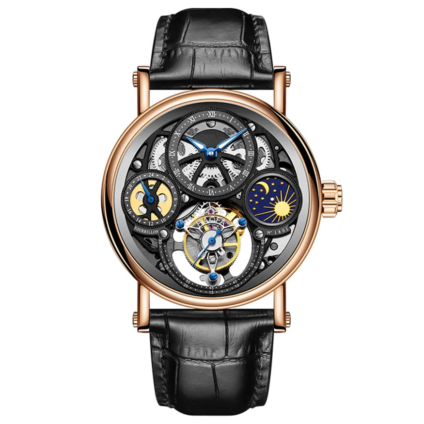 Aangepaste Roestvrijstalen Kast Gmt Maanfase Tourbillon Beweging Mannen Waterdichte Mechanische Horloges