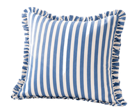 Coussin décoratif sur mesure en mousse haute densité, à rayures bleu bleuet, hydrofuge, résistant aux UV et à séchage rapide, avec volant.