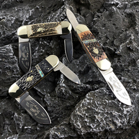 Couteau de poche pliant double trapper en acier Damas personnalisable OEM, pour la survie, la chasse et le camping, avec design en os de bœuf
