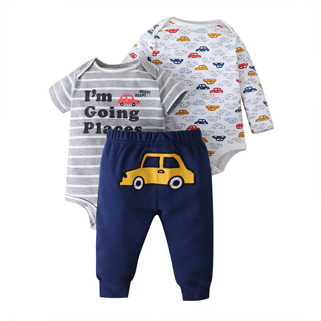 England Style Baby 3pcs Set Car Pattern Shot/Long Sleeve Rompers Cotton Knitted Kids Clothing Set