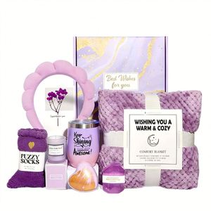 Women's Spa Gift Basket - with Scented Candle, Bath Bomb, Body Lotion, and Blanket - 12oz - Perfect Birthday <b>Present</b> Set - Product Image 1