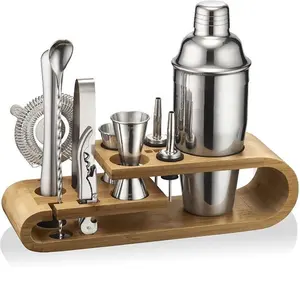 stylish bamboo stand 11 pcs high quality stainless steel 750 ml cocktail shaker two double end jigger bar set