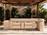 Îlot de cuisine sur mesure en pierre naturelle beige avec évier intégré en marbre, base en roche imperméable pour cuisine et salle à manger intérieure/extérieure