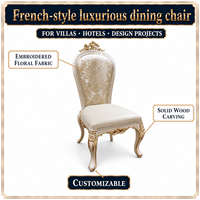Chaise de salle à manger française, chaise rembourrée, tissu européen de luxe, chaise de salle à manger en bois massif blanc, broderie, meubles de villa.