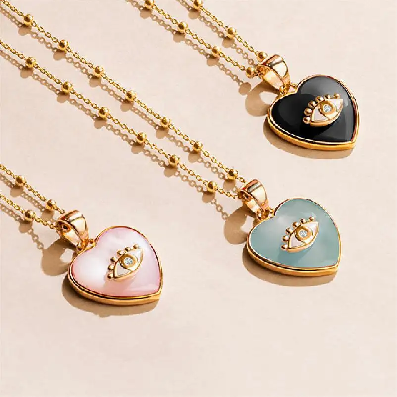 Tarnish free stainless steel gold plated heart shaped enamel evil eye necklace for women