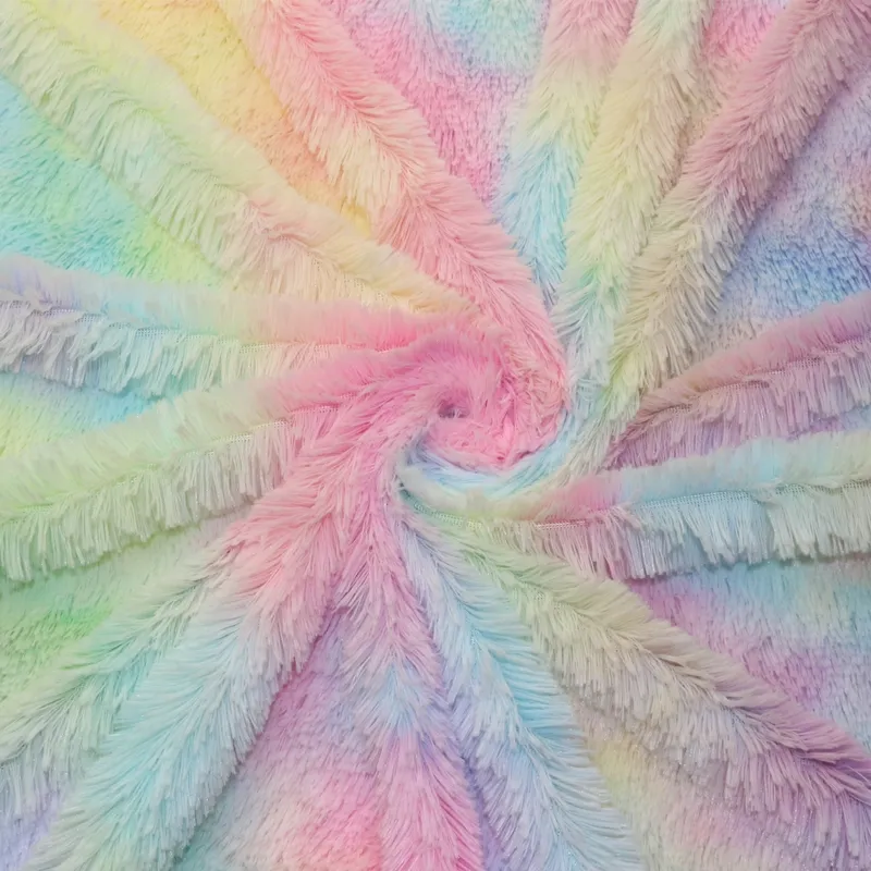 Polyester Knit Warp Faux Fur 20mm Long Pile Bandhnu Plangi Tie Dyed PV Plush Fleece Fabric for Blanket Bathrobe Slipper Toy