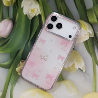 Coque de téléphone mignonne et féminine avec nœud et motif cœur, strass scintillants, protection d'appareil photo pour iPhone 17 Pro Max 16 15 14 13 12 11
