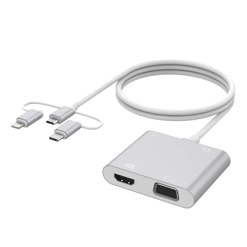 3 in 1 Lightning Micro-USB Type C เพื่อ HD-MI VGA Docking Station พร้อมพอร์ต Micro-USB 3.5มม. พอร์ตเสียงสำหรับ iPhone Huawei