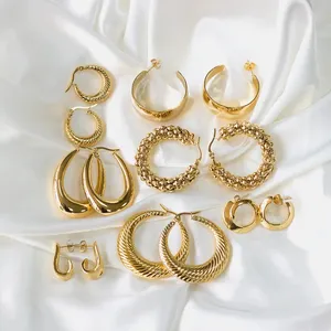 Fashion 18K Gold Plated Stainless Steel Jewelry for Women Statement Light Weight Hollow Out Big Large Thick Hoop Earrings