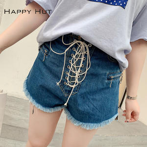 Short en jean noir pour femme, grande taille, à lacets, bords effilochés, poche zippée N6939 - Product Image 4