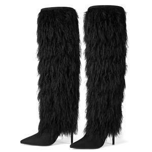 Botas Altas de Mujer Talla Grande 44 con Forro de Piel Grueso, Botines Largos de Ante con Punta Puntiaguda, Tacones de Aguja y Borlas Peludas - Product Image 2