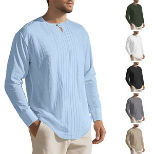 Camisa Henley de Lino para Hombre, Manga Larga, Color Sólido, Transpirable, Informal, para Uso Diario, Otoño Invierno, Diseño de Cuello Redondo - Product Image 1
