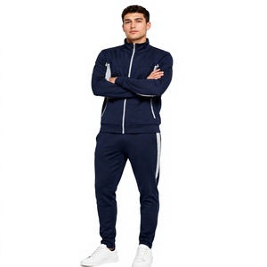 Unisex <b>Navy</b> Blue Grey Full-Zip Stand Collar Jacket <b>Jogger</b> Pants Tracksuit Set 100% Cotton Breathable Quick-Dry Eco-Friendly - Product Image 1