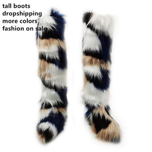 MOQ 1 2022 יוקרה חורף נשי בית קטיפה פרווה כיסוי הברך ירך גבוהה גבוה מגפי נשים שלג פרווה מגפי עם סרט - Product Image 5