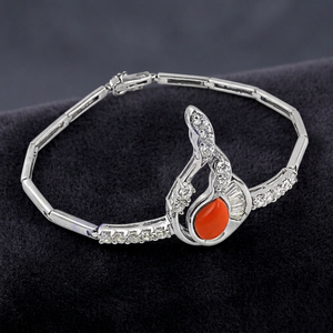 Silver <b>Bracelet</b> with <b>Red</b> Coral Oval Gemstone and Cubic Zirconia Butterfly Design 925 Sterling Silver Women's Casual/Sporty - Product Image 2