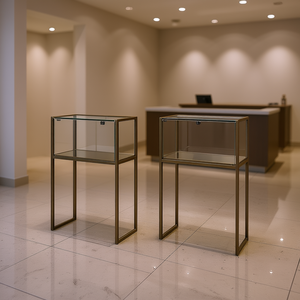 Vitrine en fer 95x45x150cm, présentoir bronze avec panneaux en verre et système d'éclairage pour comptoirs de vente - Product Image 3