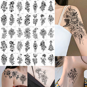 30 piezas/juego de pegatinas de tatuaje impermeables negras con letras, hojas, flores y mariposas para el cuerpo y el brazo, <span class=keywords><strong>tatuajes</strong></span> temporales falsos para chicas. - Product Image 6