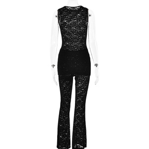 Ensemble deux pièces en dentelle, haut sans manches, pantalon slim, marron, polyester, vêtements décontractés, quatre saisons - Product Image 3