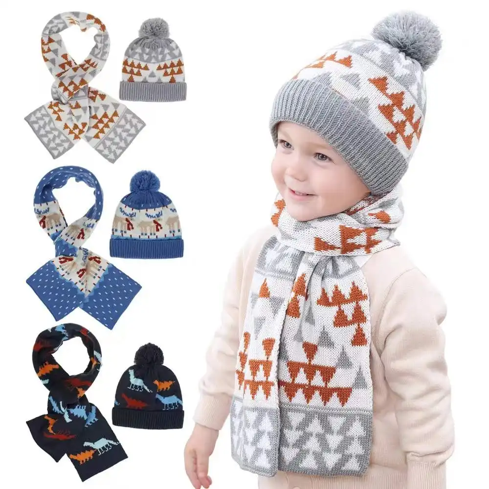 High Quality Children Knitting Hat Scarf Set Winter Warm Baby Christmas Gift Cartoon Knitting Beanie Hat Scarf Set For Kid