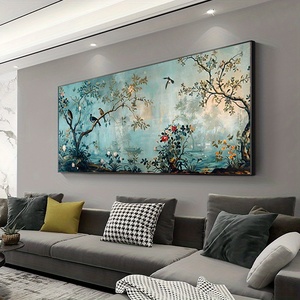 Pintura decorativa <span class=keywords><strong>de</strong></span> <span class=keywords><strong>turquesa</strong></span> y <span class=keywords><strong>flores</strong></span> y pájaros Extra ancha moderna sin marco <span class=keywords><strong>de</strong></span> la marca Diytree para la decoración del hogar y el dormitorio - Product Image 4