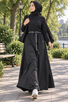 EVE074 Pakaian Muslim Khusus Rok Maxi Hitam Pakaian Islami Rok Panjang Model A-Line Pinggang Tinggi dengan Sabuk Berhuruf dan Saku Resleting
