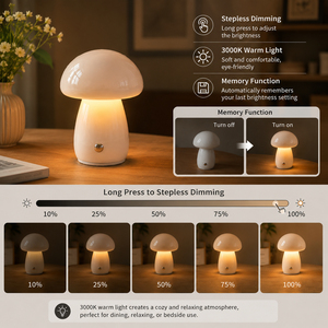 Lampe de table rechargeable sans fil LED style nordique en forme de champignon, lumière décorative avec charge Type C, gradation progressive, lampe de chevet chaude - Product Image 5