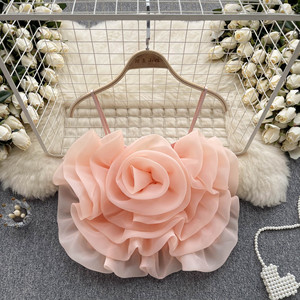 Chaleco Halter de flores tridimensionales de hilo de raíz de vacaciones de verano para mujer, nuevo estilo elegante en toda la parte superior corta - Product Image 6