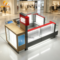 Kiosco Moderno para Exhibición de Celulares en Centros Comerciales, Mostrador de Vidrio y Madera con Iluminación LED para Accesorios de Telefonía