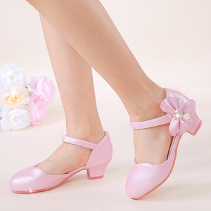 Han nouveau Style blanc rose talon haut princesse chaussures filles sans lacet fermeture Peal Bow fête chaussures d'école quotidiennes - Product Image 3