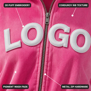 Sudadera con capucha corta personalizada de pana rosa de 400GSM, con lavado pigmentado y efecto desgastado por el <span class=keywords><strong>sol</strong></span>, bordado 3D <span class=keywords><strong>en</strong></span> relieve, con cremallera completa, para hombre, estilo urbano Y2K casual - Product Image 2