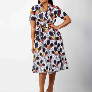 Abbigliamento tradizionale africano stampa Ankara stile <span class=keywords><strong>etnico</strong></span> avvolgente manica corta abito Midi con cintura per abbigliamento donna - Product Image 4