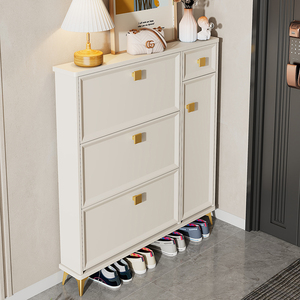 Mueble Moderno de Madera para Almacenamiento de Zapatos, Estrecho y Delgado, <span class=keywords><strong>con</strong></span> Estantes Ajustables, Organizador de Zapatos <span class=keywords><strong>con</strong></span> 3 <span class=keywords><strong>Cajones</strong></span> Abatibles y 4 Puertas - Product Image 3