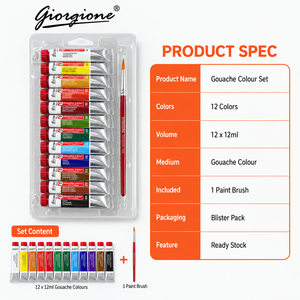 Giorgione – Lot de 12 tubes de <span class=keywords><strong>gouache</strong></span> 12 ml avec pinceau, pigments riches, fournitures d'art, vente en gros, fournisseur d'usine – En stock - Product Image 3