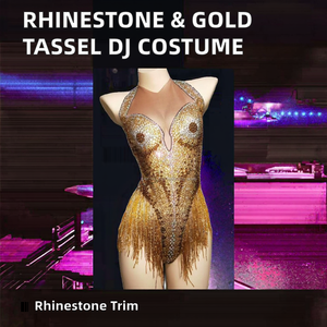 Costume da Esibizione Latina con Strass e Frange Dorate per <span class=keywords><strong>Cantante</strong></span> e DJ Femminile, in Poliestere/Rayon - Product Image 2