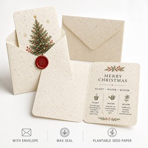 Carte de Noël en papier semence avec enveloppe, sceau de cire plantable, format A6 plié, carte de vœux écologique personnalisée en gros avec enveloppe - Product Image 1