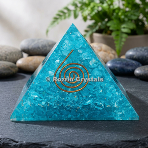 Pirámide de Orgonita con Cristales de Fluorita Azul Rozrin, con Incrustaciones de Espiral de Cobre Tallado, Tema Budista, Decoración para el Hogar - Product Image 3