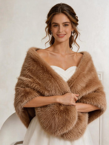 Châle en fausse fourrure noir pour femme, longueur moyenne, chaud pour l'hiver, couleur unie, style renard, élégant, couverture de mariée - Product Image 4