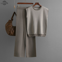 Ensemble deux pièces tricoté décontracté d'été Lumos pour femme - Haut sans manches à col rond en chevrons + pantalon décontracté lavable