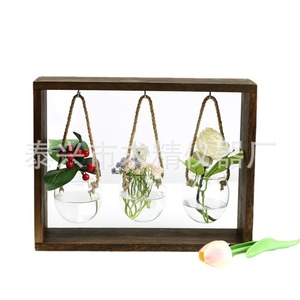 Creative Detachable Hydroponic Glass Vase Hanging Retro Wooden Frame Wall Vase For Pothos Plants Home Decoration - Product Image 1