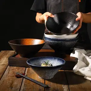 Japanese rustic style black ceramic soup bowls round bowl Restaurant Stoneware ramen noddle bowl