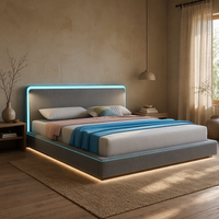 Cadre de lit plateforme en fer réglable avec rangement, rembourré en lin, avec double bande LED, taille King, moderne, profil bas, pour chambre à coucher