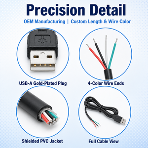 Cavo USB personalizzato da 0,3-3m, da USB Tipo-A <span class=keywords><strong>Maschio</strong></span> a Pigtail a 4 fili spelati stagnati, 5V 2A 480Mbps, in PVC nero, per alimentazione e dati, OEM di fabbrica - Product Image 2