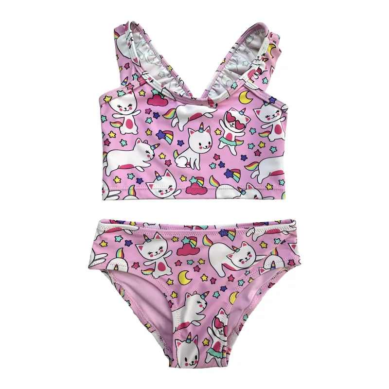 LS241233 Baby Girl Swimwear Wholesale Cartoon Ruffle-Strap Two Pieces Girls Swimwear Kids Bikini Pink Kids Swimwear