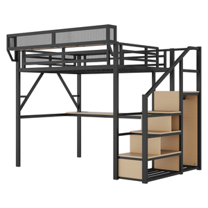 Metal Loft <b>Bed</b> with Desk and <b>Storage</b> Shelves Heavy Duty Freestanding Epoxy Coated <b>Black</b> Frame 4 Tier Grid Shelving Unit - Product Image 6