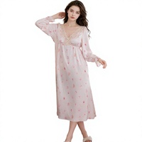 Robe de pyjama longue à manches longues en satin tissé floral style français, col en V, pour femme, nouvelle collection printemps, douce et féerique, mi-longue