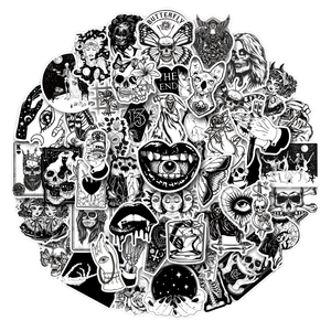 50pcs אימה pvc גותי מדבקות ויניל קישוטים goth עבור בקבוק סקייטבורד-שחור לבן עמיד למים קונטייניל - Product Image 1