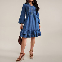 Robe en jean pour femme à col en V profond et laçage, à volants plissés, manches longues, style décontracté d'été, coupe ample, ou sans manches