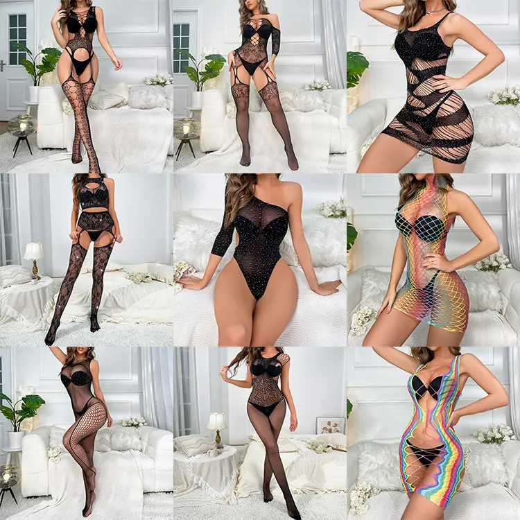 Fábrica de cuerpo completo para mujer Sexy Fishmet Bodystocking Crotchless Nylon malla apretada transparente Sexy Lencería Fishmet para mujer